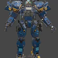 Blue and Orange Detailed Mech Suit With Metallic Texture And Illuminated Mechanical Parts