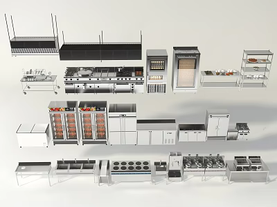 Modern Kitchen Equipment 3D Models Featuring Stoves Refrigerators Cabinets And Shelves 3d model