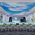 School Computer Classroom With Blue Sky Cloud Ceiling Hexagonal Wall Displays And Student Computers 3d model