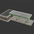 Gas Station Building Featuring Green Solar Panel Roof Red Brick Walls And Fuel Pumps