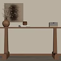 Wooden Console Table With Decorative Vase Artwork Small Radio On Light Wall And Wooden Floor