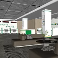 Modern Service Hall Interior Design With Brown Sofas Area Rug Potted Plants And Service Counter