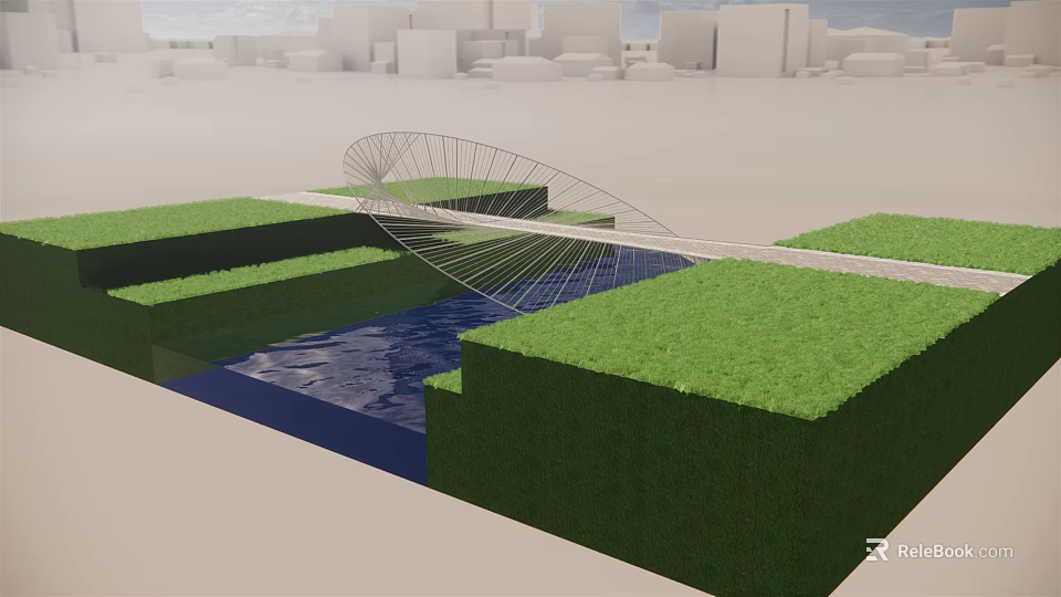 Contemporary Spiral Bridge Architectural Design Over Water With Lush Green Grass Areas 3d model 