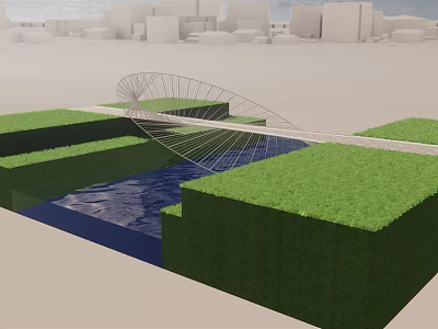 Contemporary Spiral Bridge Architectural Design Over Water With Lush Green Grass Areas 3d model