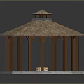 Octagonal Gazebo With Tiled Roof Wooden Pillars And Hexagonal Stone Base 3d model