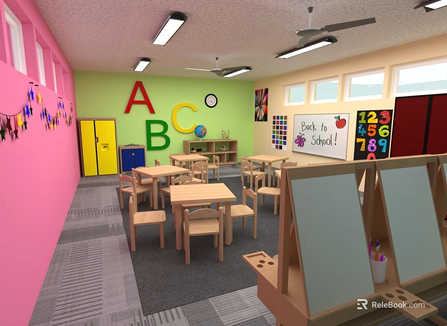 School Sports Equipment in Classroom With ABC Wall And Wooden Tables Chairs 3d model 
