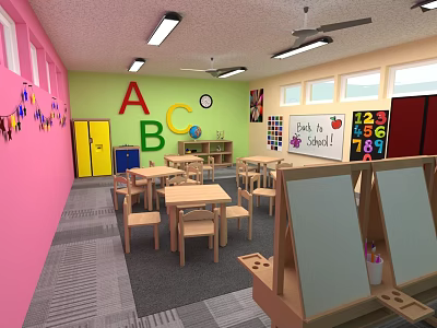 School Sports Equipment in Classroom With ABC Wall And Wooden Tables Chairs 3d model