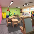 School Sports Equipment in Classroom With ABC Wall And Wooden Tables Chairs