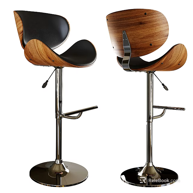 Modern Wooden Bar Stools With Black Leather Seat And Metal Base 3d model 
