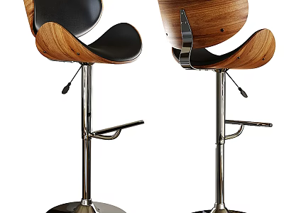 Modern Wooden Bar Stools With Black Leather Seat And Metal Base 3d model