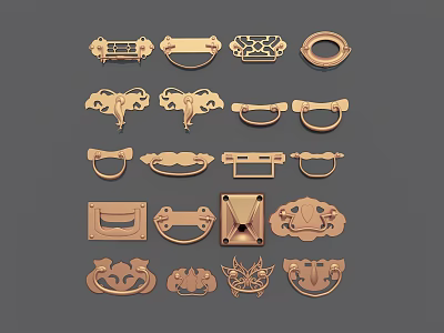 Assorted Decorative Cabinet Handles Featuring Various Ornate Designs And Shapes 3d model