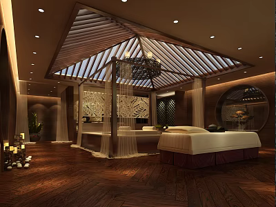 Elegant SPA Sauna Interior Design With Wooden Ceiling Massage Bed And Chandelier 3d model