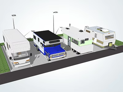 Multiple Different Style RVs Parked In Area With Street Lights And Grass 3d model