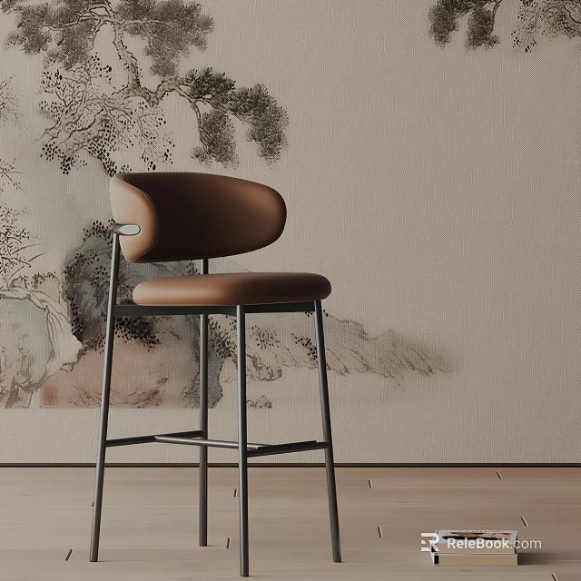 Brown Upholstered Bar Stool with Metal Frame and Ink Painting Wallpaper Wooden Floor 3d model 
