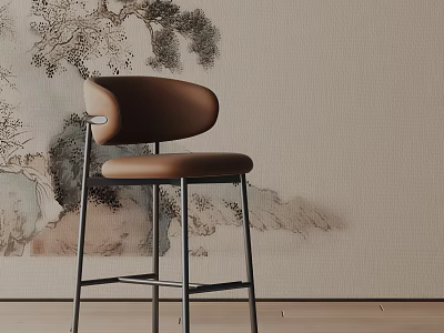 Brown Upholstered Bar Stool with Metal Frame and Ink Painting Wallpaper Wooden Floor 3d model