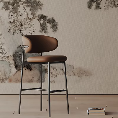 Brown Upholstered Bar Stool with Metal Frame and Ink Painting Wallpaper Wooden Floor 3d model