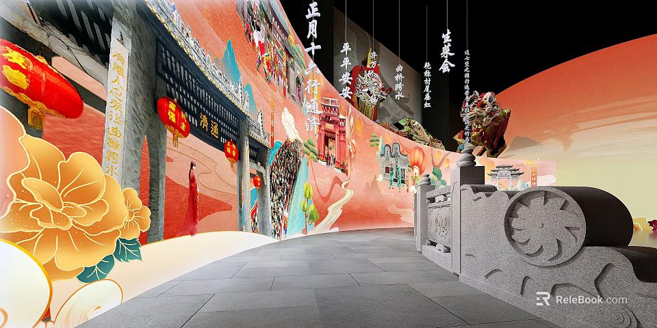 Traditional Chinese Festival Decorations With Lanterns Ancient Architecture Murals And Statues 3d model 