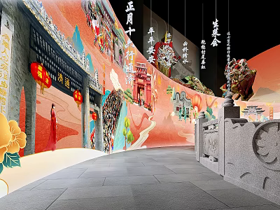 Traditional Chinese Festival Decorations With Lanterns Ancient Architecture Murals And Statues 3d model