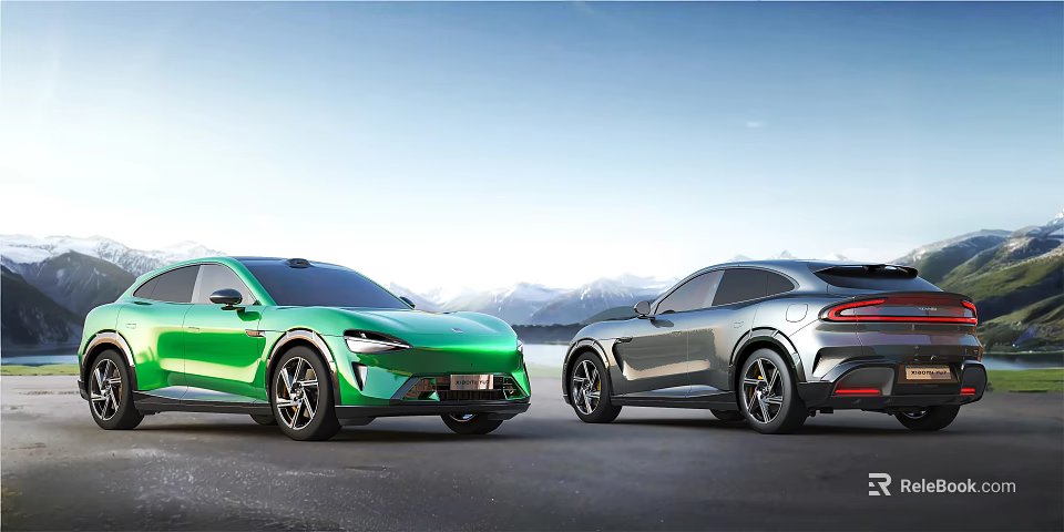 Green And Silver Modern Cars On Open Road With Mountain Backdrop And Blue Sky 3d model 