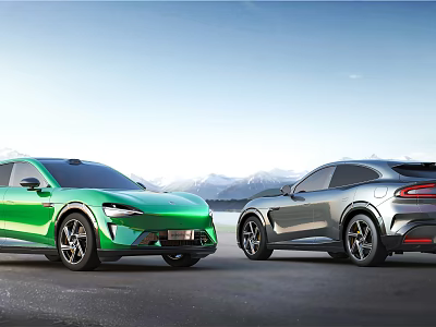 Green And Silver Modern Cars On Open Road With Mountain Backdrop And Blue Sky 3d model