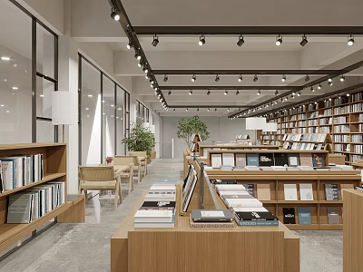 Modern Minimalist Bookstore Art Interior With Wooden Bookshelves Numerous Books And Track Lights 3d model