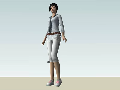 A Woman In Gray Shirt White Cropped Pants Brown Belt Pink Shoes On Light Background 3d model