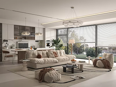 Modern Open Living Dining Room Interior Design With Sofa Coffee Table And Large Windows 3d model