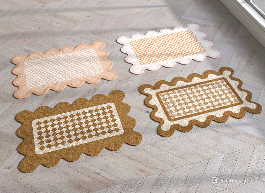 Stylish Decorative Rugs With Scalloped Edges And Checkerboard Patterns On Wooden Floor 3d model 
