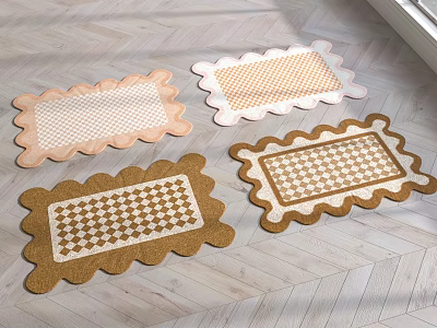 Stylish Decorative Rugs With Scalloped Edges And Checkerboard Patterns On Wooden Floor 3d model