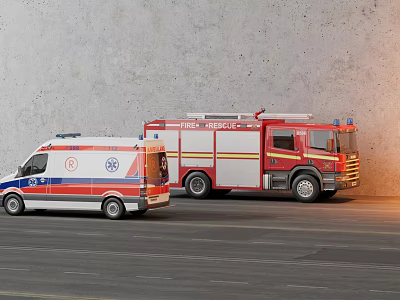 Emergency Functional Vehicles Including Ambulance And Fire Truck For Rescue Services 3d model