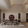 Modern Chinese Lounge Interior With Circular Cabinet And Green Plants