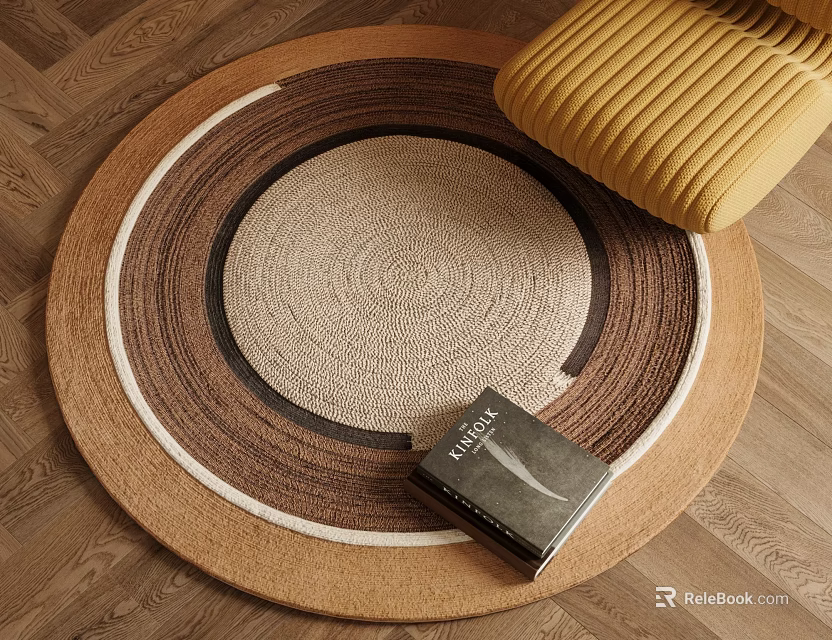 Textured Round Area Rug with Circular Brown Beige Pattern on Wooden Floor and Yellow Chair 3d model 