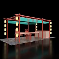 Vintage Chinese Style Stall With Red Lanterns And Wooden Tables Chairs