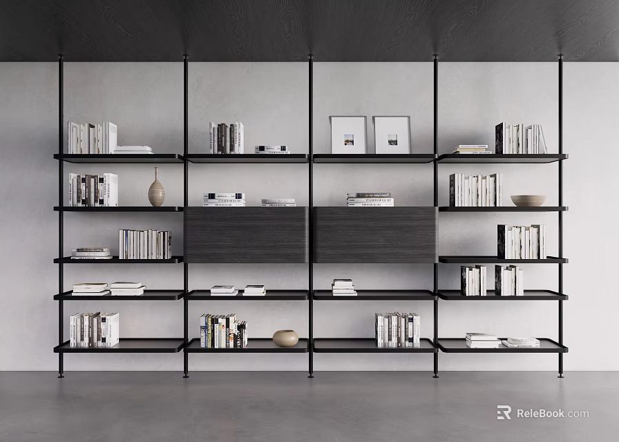Modern Bookshelf Design With Black Frame Multiple Shelves Books And Decorative Items 3d model 