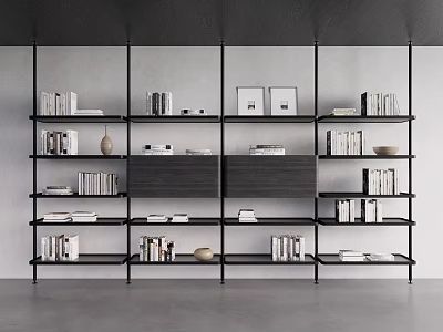 Modern Bookshelf Design With Black Frame Multiple Shelves Books And Decorative Items 3d model