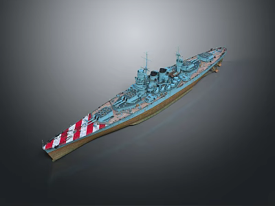 Detailed Military Warship Model Featuring Turret Deck And Striped Bow Design 3d model