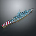 Detailed Military Warship Model Featuring Turret Deck And Striped Bow Design