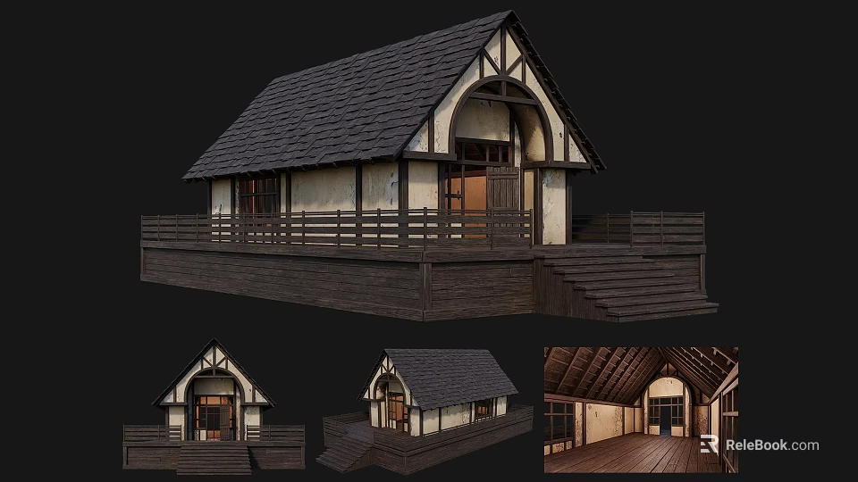Ancient Traditional Building Featuring Tiled Roof Wooden Railing Arched Doors Steps And Interior Wooden Flooring 3d model 