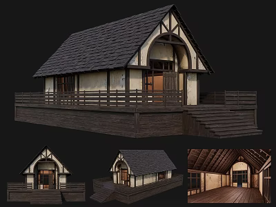 Ancient Traditional Building Featuring Tiled Roof Wooden Railing Arched Doors Steps And Interior Wooden Flooring 3d model