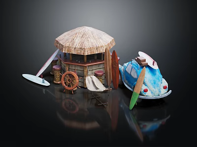 Wooden Hut Featuring Thatched Roof Surfboards Wooden Barrels Ship Wheel and Blue Car 3d model