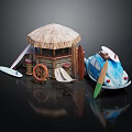 Wooden Hut Featuring Thatched Roof Surfboards Wooden Barrels Ship Wheel and Blue Car