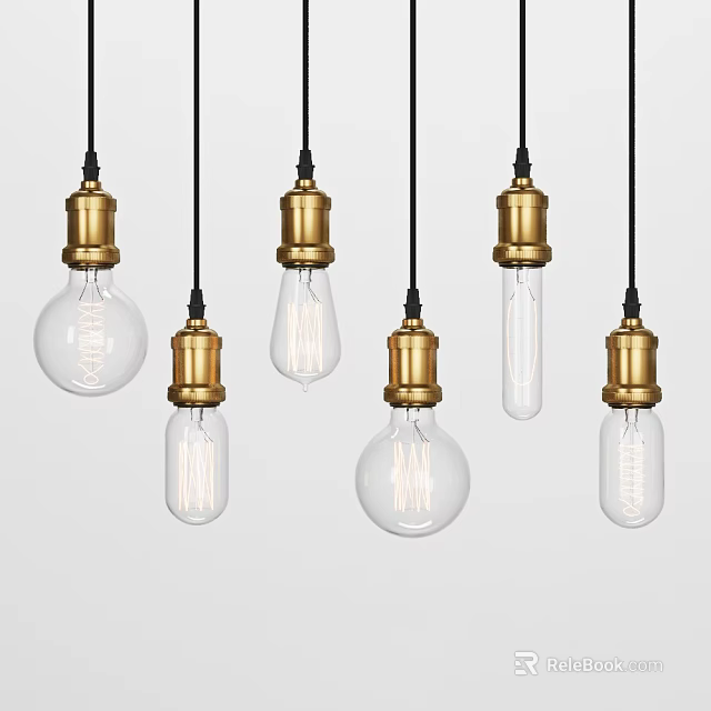 Vintage Clear Glass Filament Pendant Lights with Brass Bases and Various Shapes 3d model 