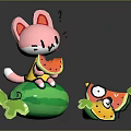 Game Movie Character Pink Cat with Yellow Outfit Holding Watermelon Slice Sitting on Green Object