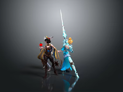 Two Women Characters in Dark Horned Outfit Holding Apple and Blue Attire Wielding Long Sword 3d model