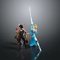 Two Women Characters in Dark Horned Outfit Holding Apple and Blue Attire Wielding Long Sword