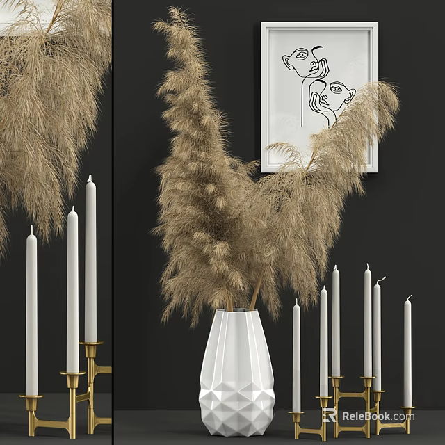 White Vase With Pampas Grass Flowers On Black Wall With Candles And Art 3d model 