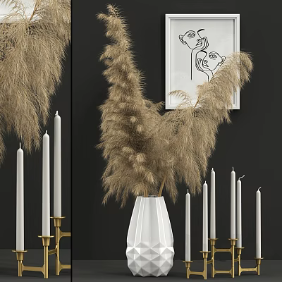 White Vase With Pampas Grass Flowers On Black Wall With Candles And Art 3d model