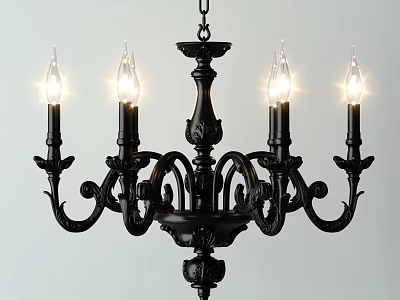 Vintage Black Chandelier With Ornate Design Five Light Lit Bulbs On Light Background 3d model