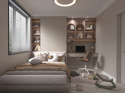 Modern Tatami Bedroom With Tatami Bed Desk Computer Bookshelves And Window 3d model