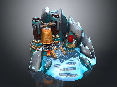 Snowy Mountain Structure With Golden Bell Red Door And Stone Steps 3d model